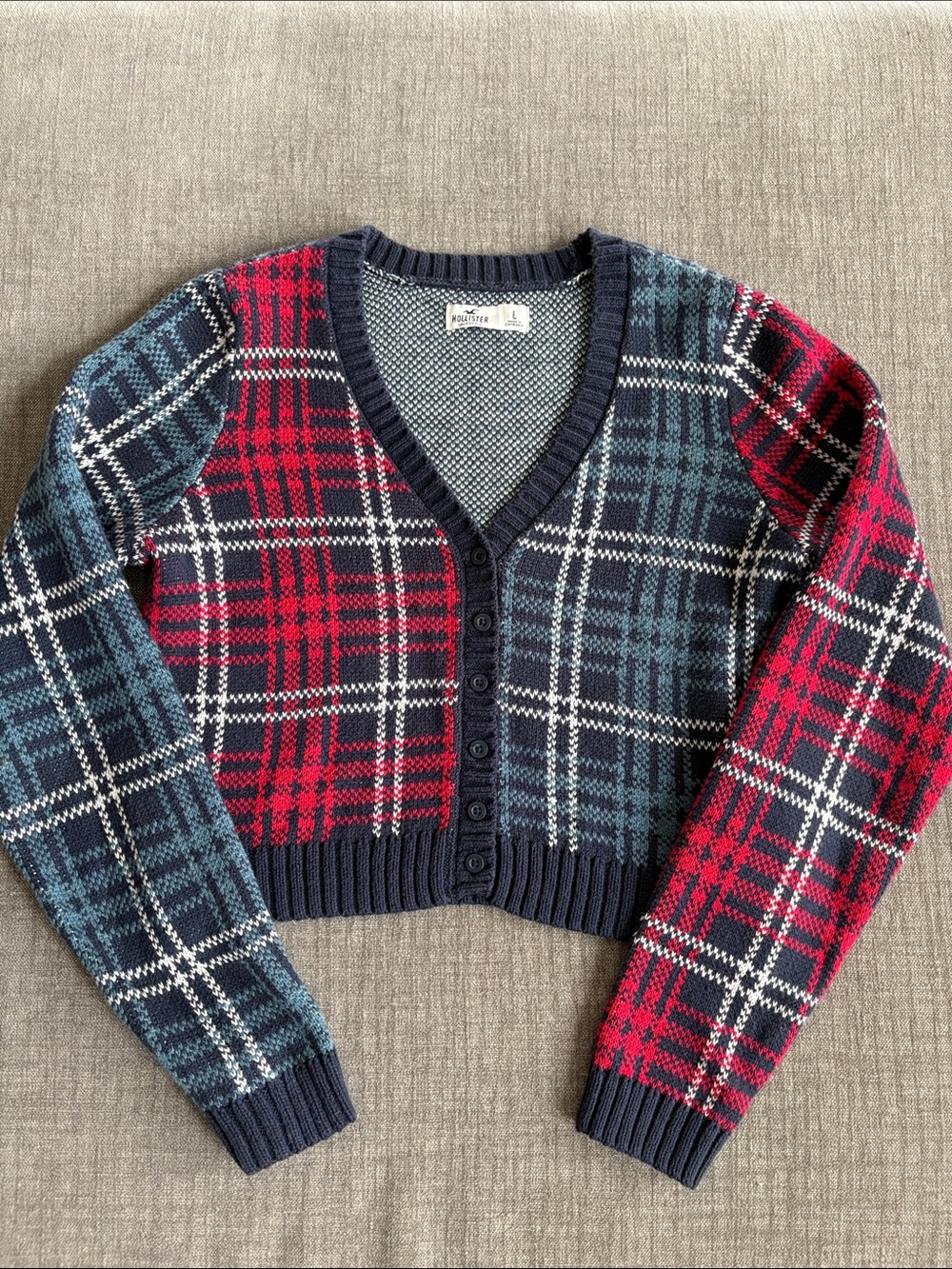 Hollister Plaid V-Neck Button Cropped Cardigan Academia Sweater - Navy / Red  L